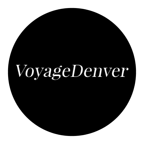 text saying voyage denver inside of a black circle
